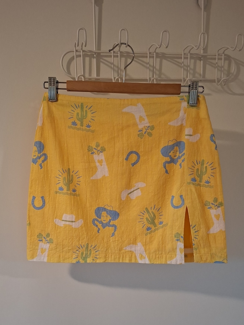 Bailey Rose Yellow & Blue Cowgirl/Western Theme Thigh-slit Mini Skirt (Size S)